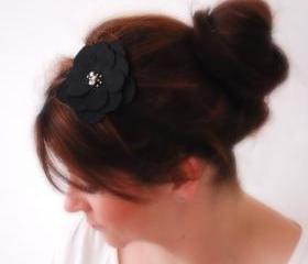  Elegant BLACK Flower with beads on a thin black elastic band Faux Suede Look Feminine