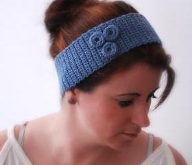 Crocheted Blue Grey Headband Earwarmer with Ring Flower Fashion Accessories
